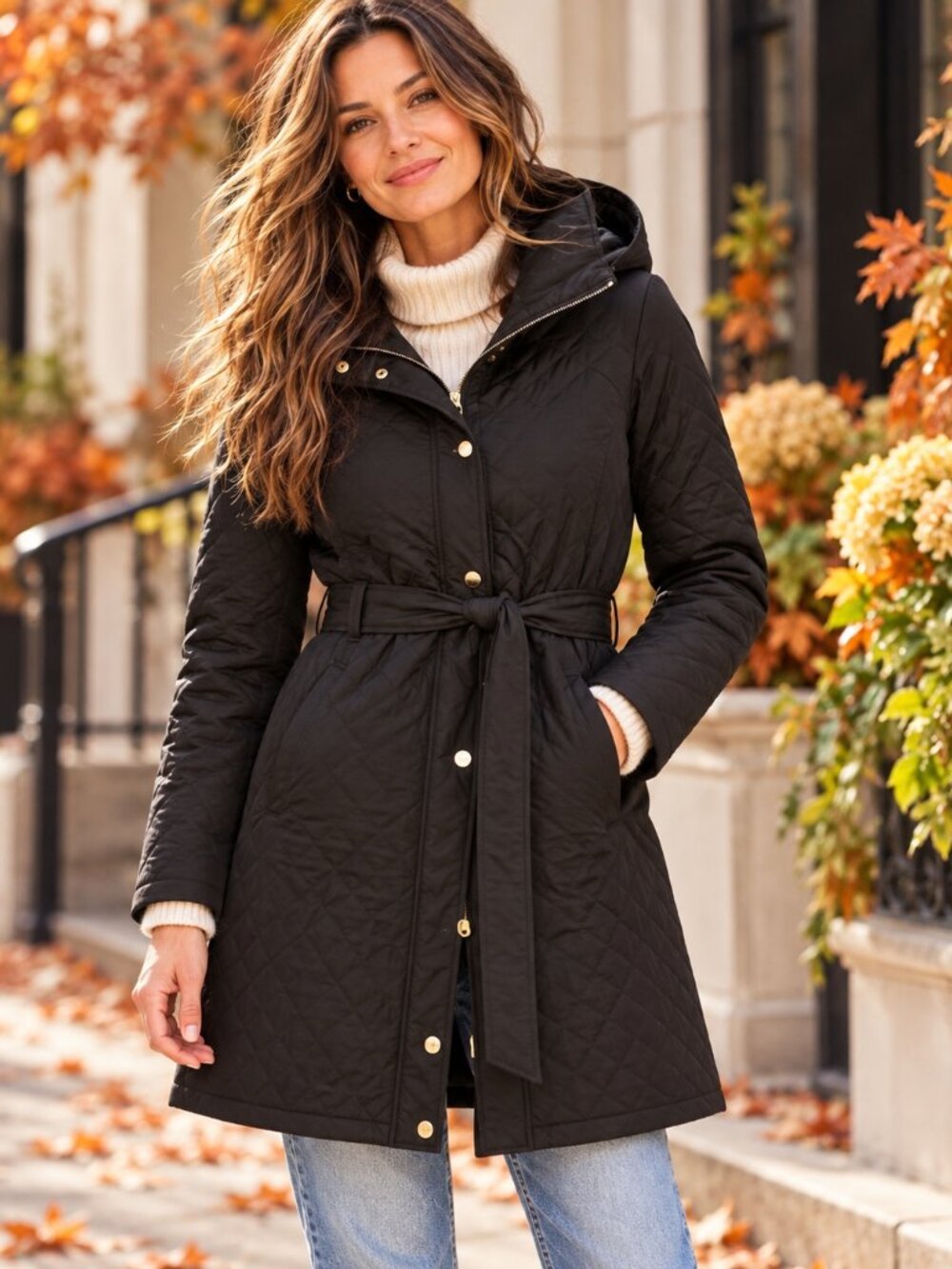 Cole Haan Signature Black Quilted Belted Hooded Coat Petite S